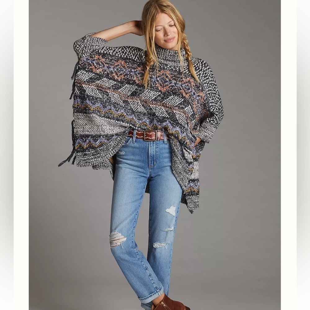 Anthropologie Pilcro Boho Magda Knit Sweater Turtle Cowel Neck Fringe Sweater